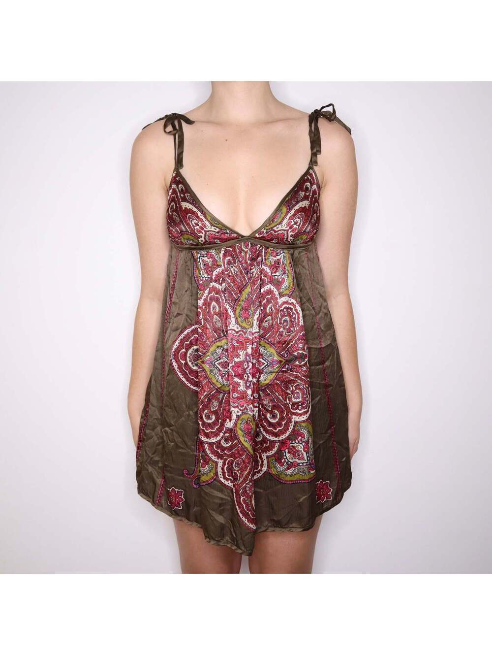 Y2K BEBE Olive and Pink Silk Babydoll Dress (S)